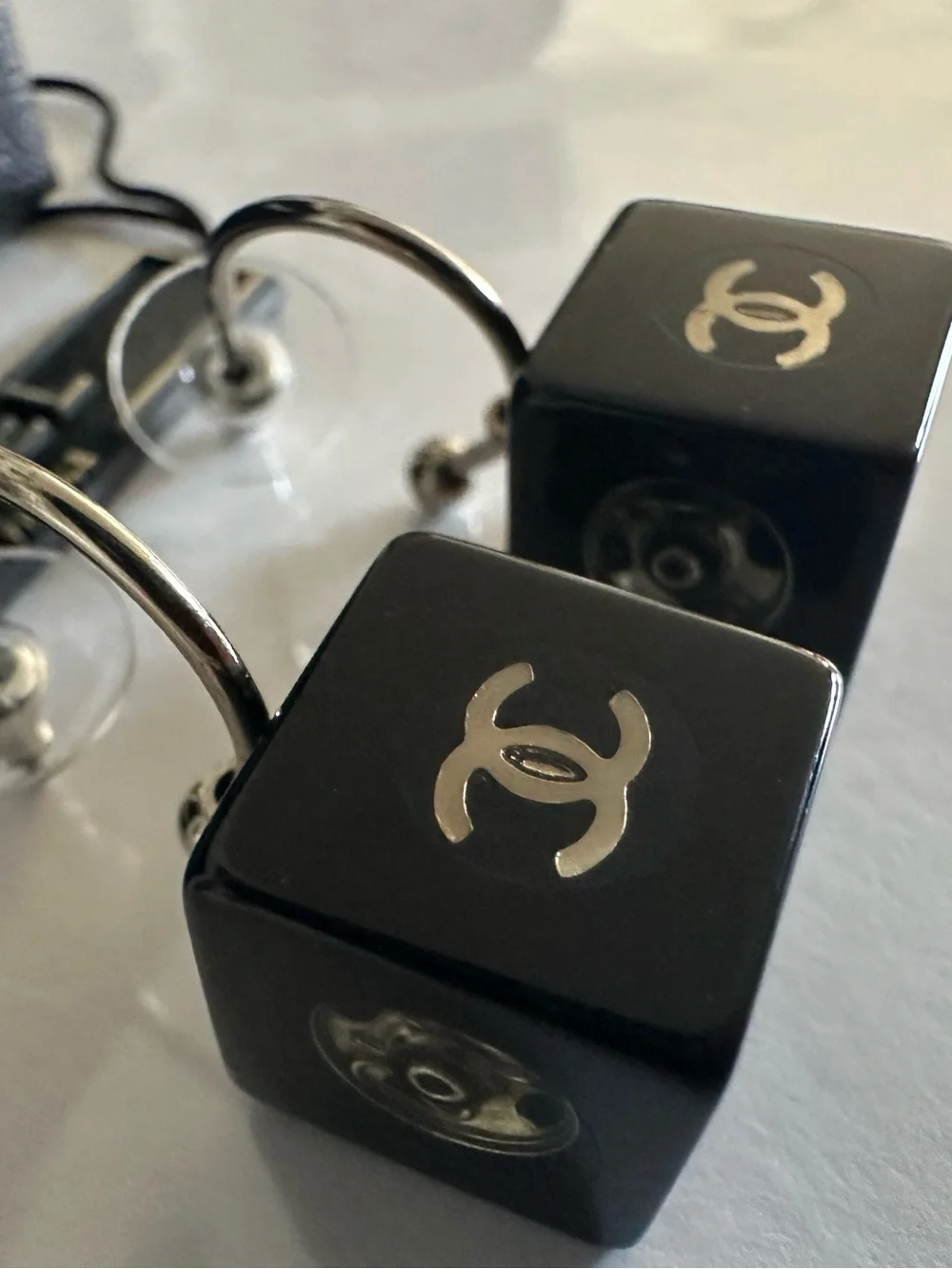 CHANEL 2003 03A Black Resin CC Cube Dice Hoop Drop Earrings